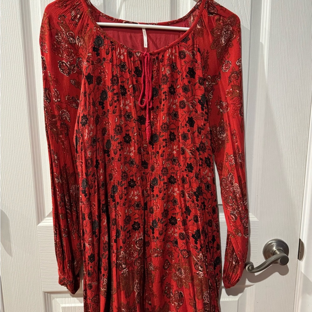 Free People Red and Black Floral Long Sleeve Dress